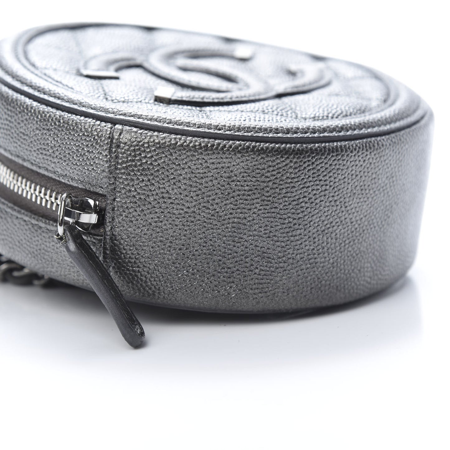 Metallic Caviar Quilted Round Filigree Crossbody Dark Silver