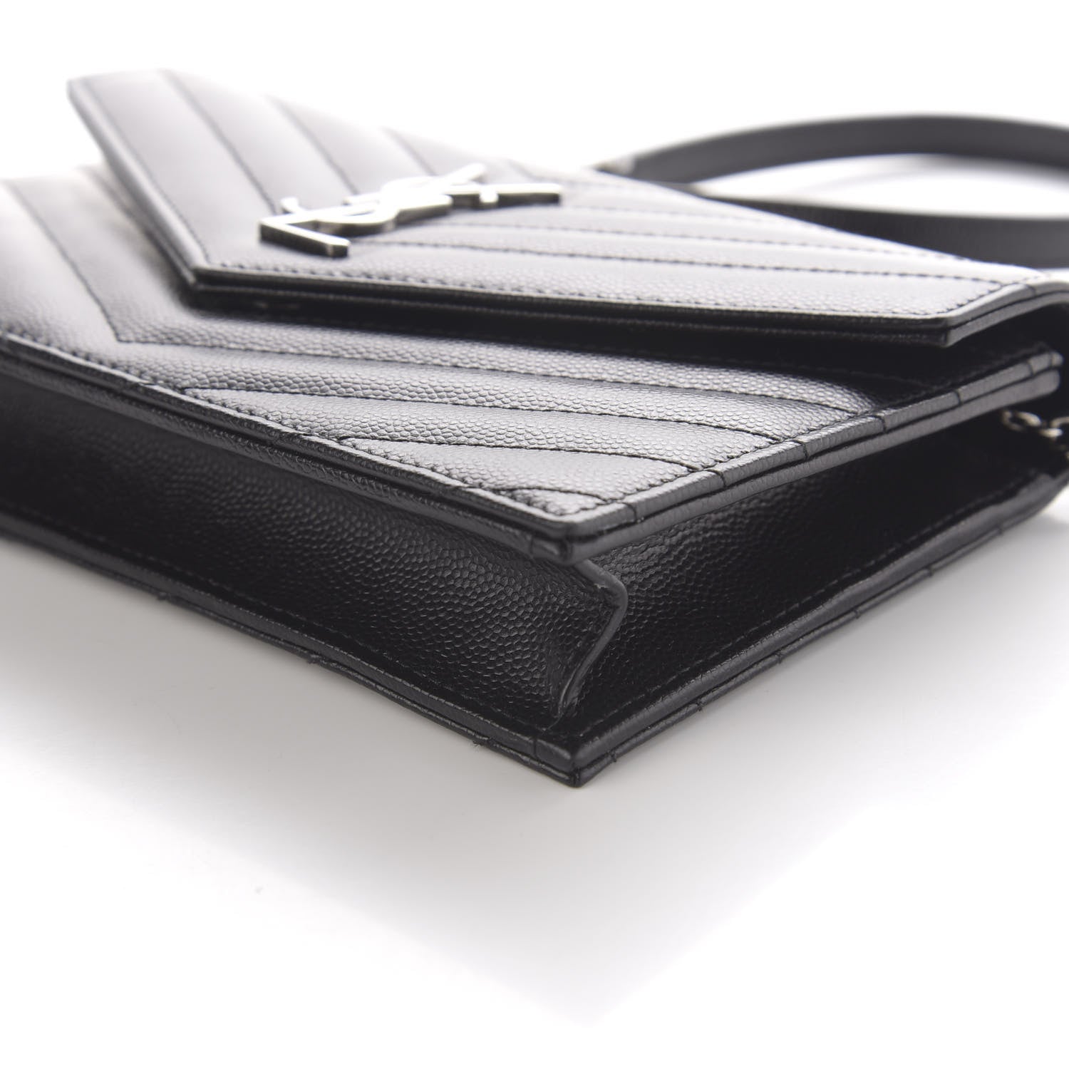 Saint Laurent Grain De Poudre Matelasse Chevron Monogram Envelope Chain Wallet Black 7 of 9