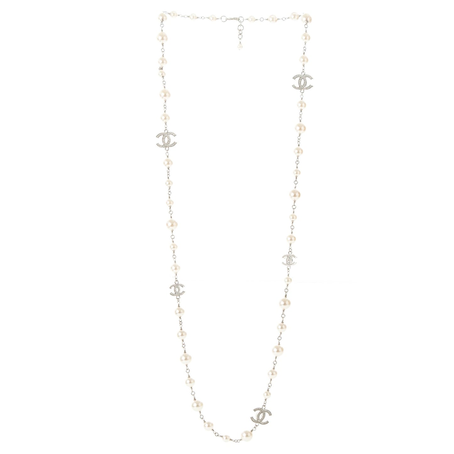 Crystal Pearl CC Long Necklace Silver
