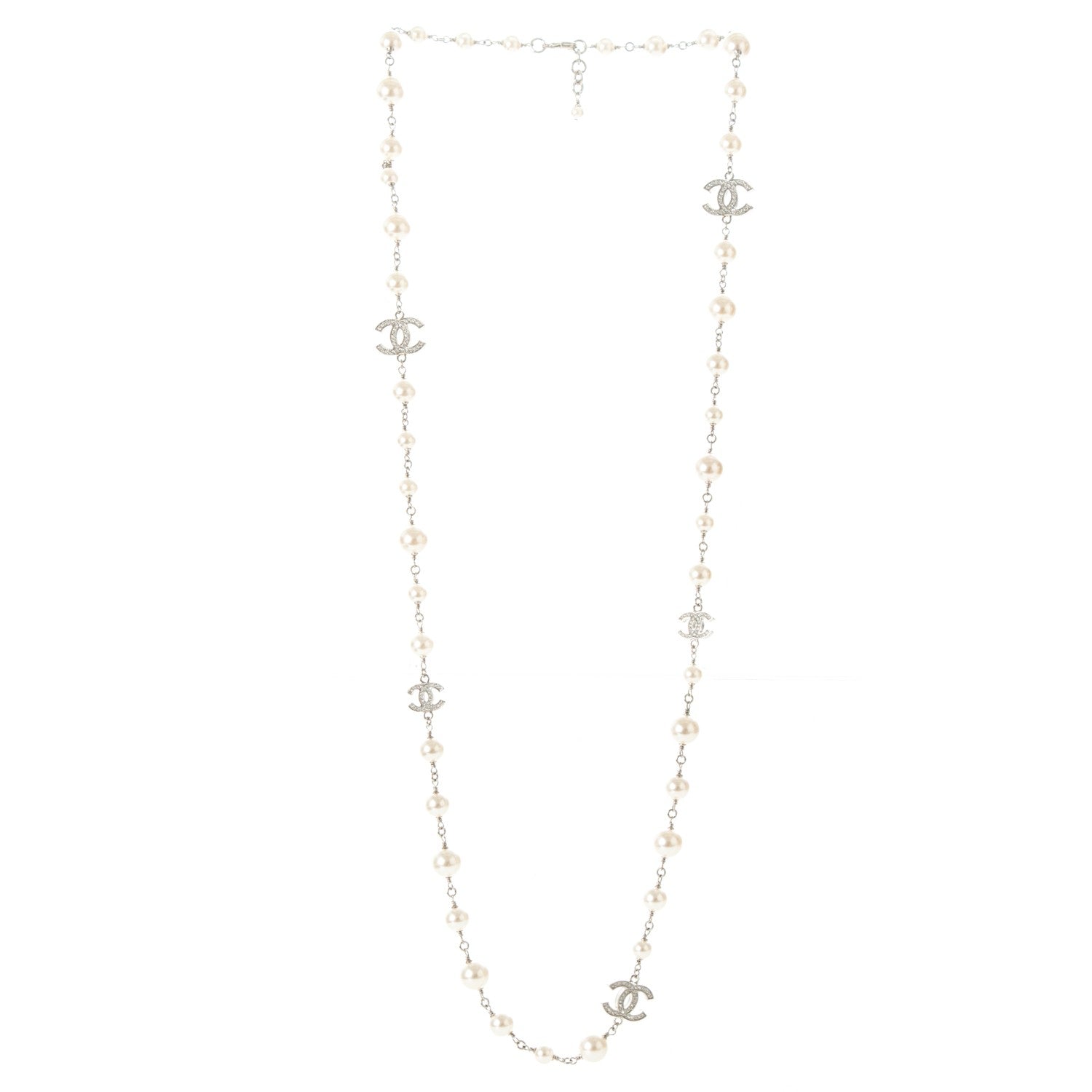 Chanel Crystal Pearl CC Long Necklace Silver 3 of 5