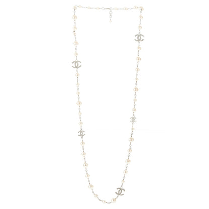 Chanel Crystal Pearl CC Long Necklace Silver 3 of 5