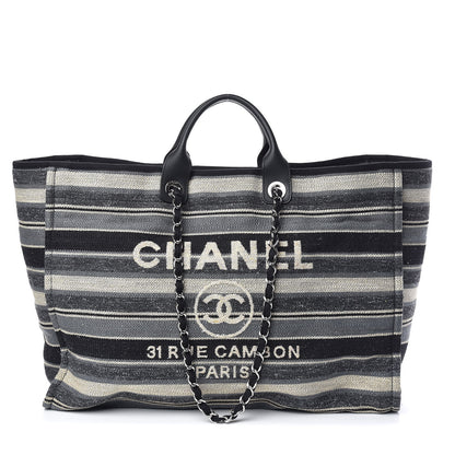 Chanel Canvas Striped Extra Large Deauville Tote Black Grey 1 of 10