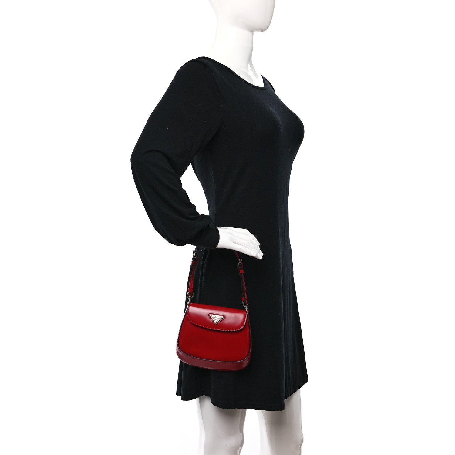 Prada Spazzolato Mini Cleo Flap Adjustable Strap Shoulder Bag Scarlatto Black 2 of 8