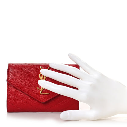 Saint Laurent Grain De Poudre Matelasse Chevron Small Monogram Envelope Wallet New Red 2 of 9