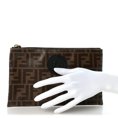 Fendi Glazed Fabric Vitello Century FF 1974 Stamp Patch Small FFreedom Flat Pouch Mogano Panna Black 2 of 8