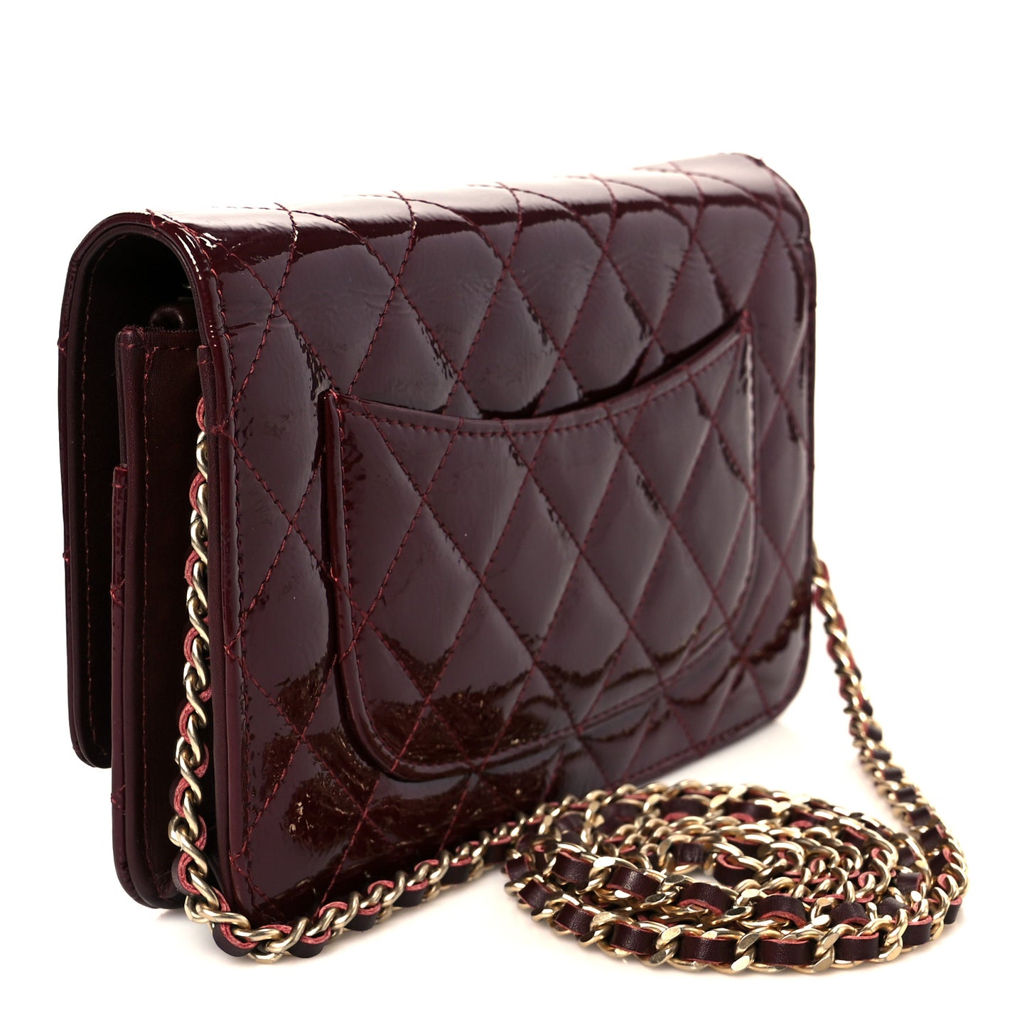 Patent Calfskin Quilted Reissue Wallet On Chain WOC Dark Red