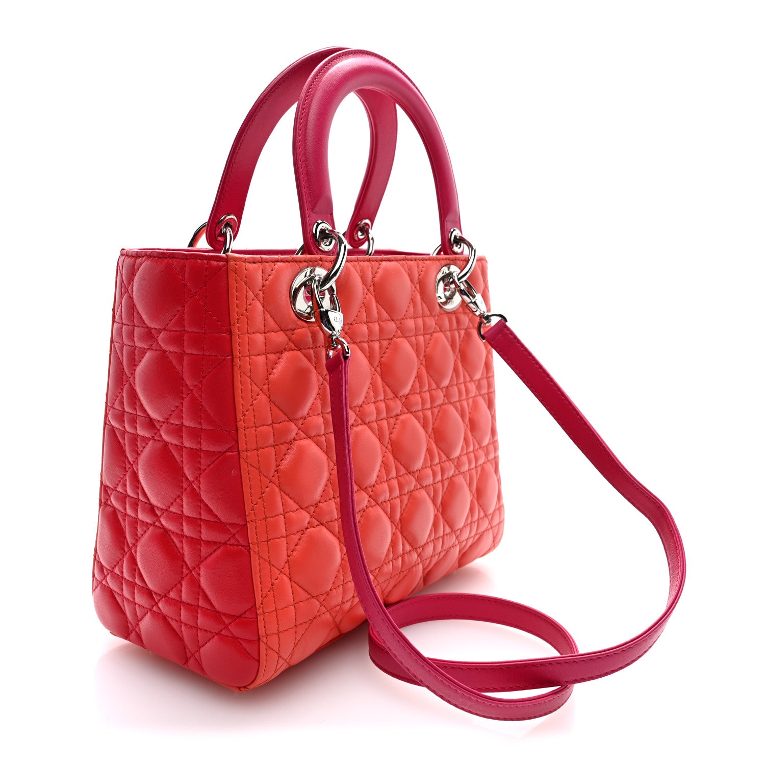 Christian Dior Lambskin Cannage Tri-Color Medium Lady Dior Orange Riviera Fuchsia Cosmopolitan Lipstick Natural 3 of 9