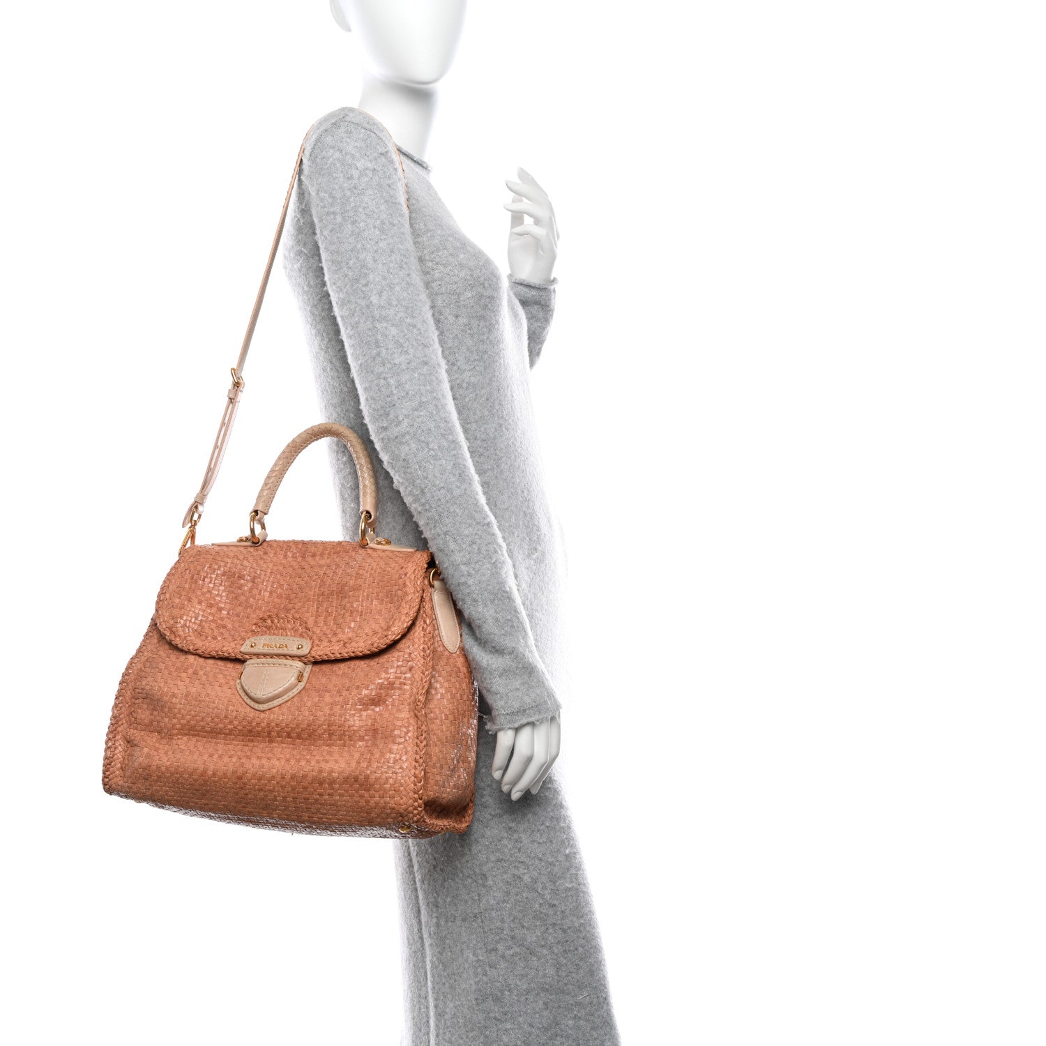 Prada Madras Woven Top Handle Satchel Beige 2 of 12