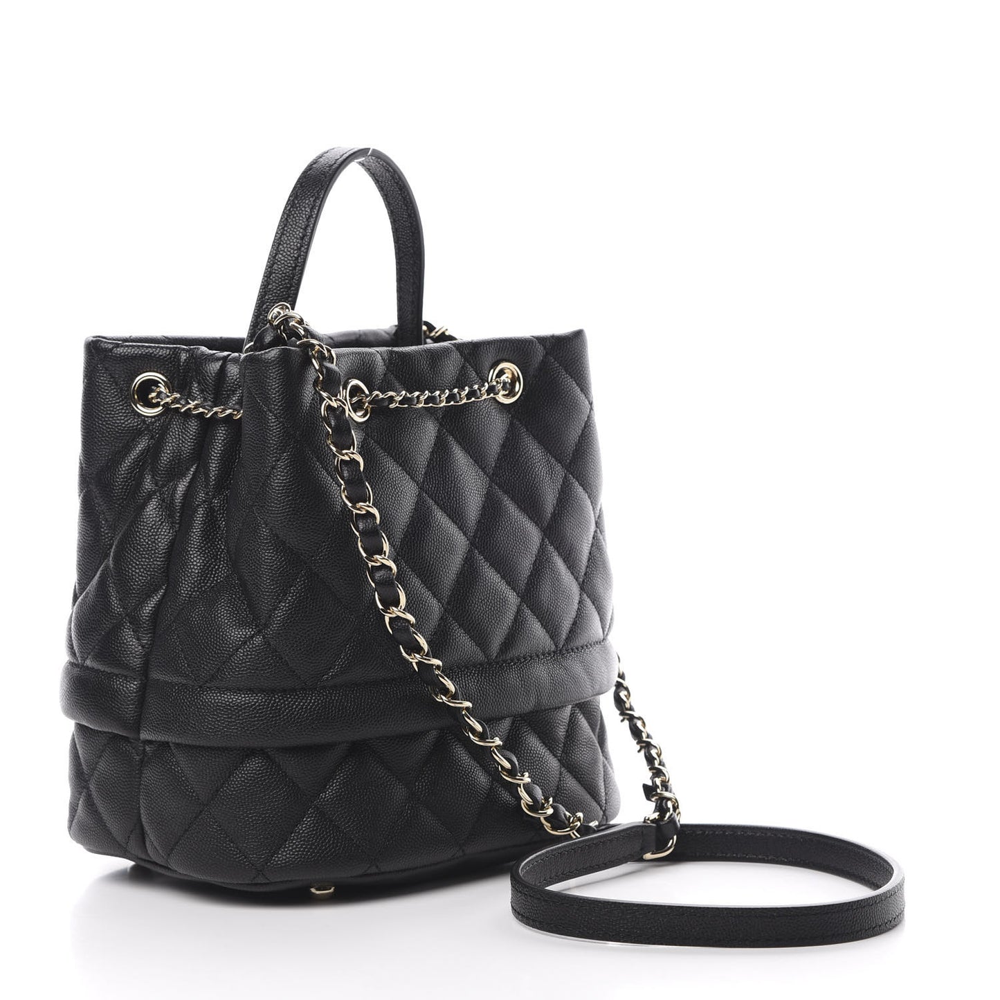 Caviar Quilted Rolled Up Bucket Drawstring Bag Black