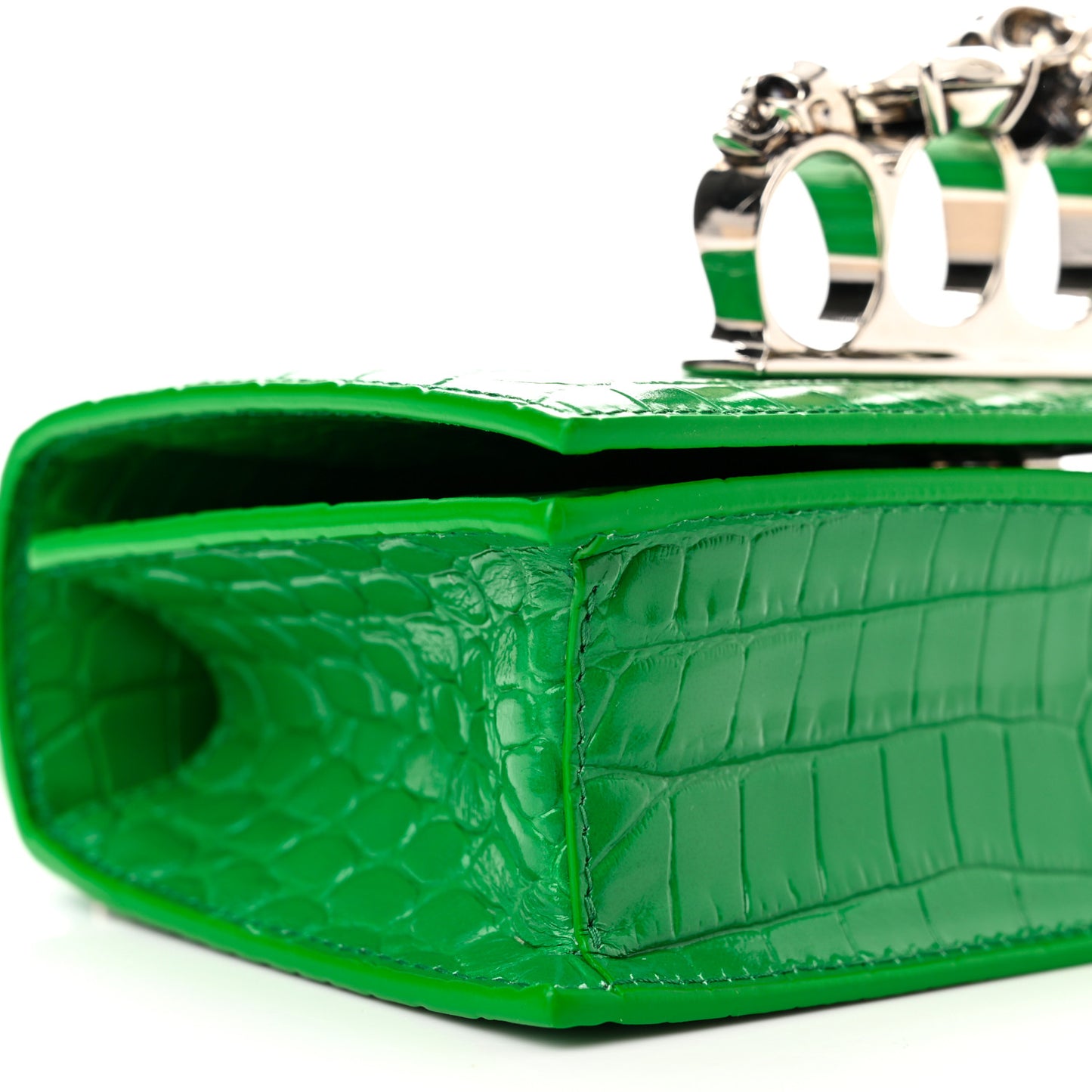 Calfskin Crocodile Embossed Knuckle Shoulder Bag Green