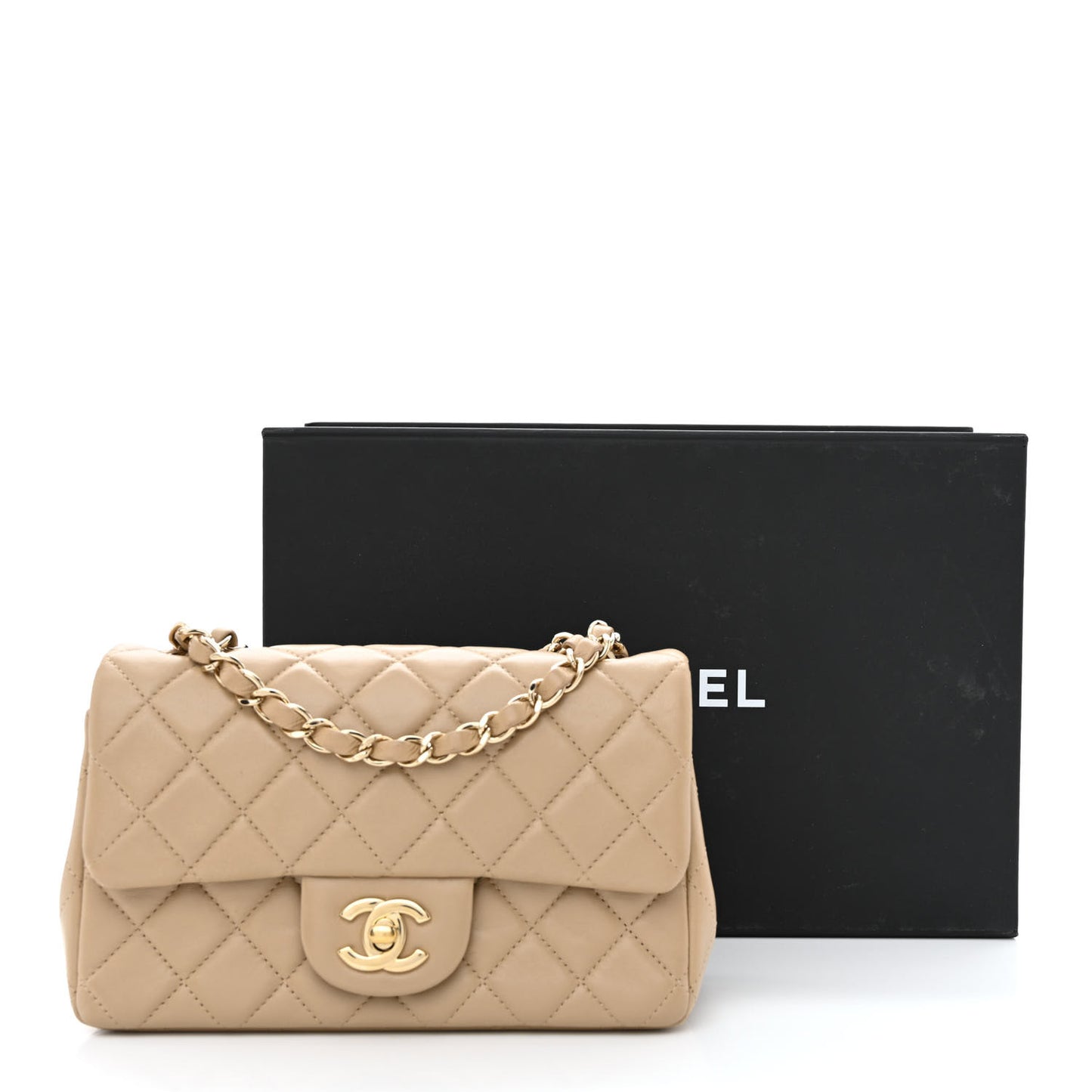 Lambskin Quilted Mini Rectangular Flap Dark Beige