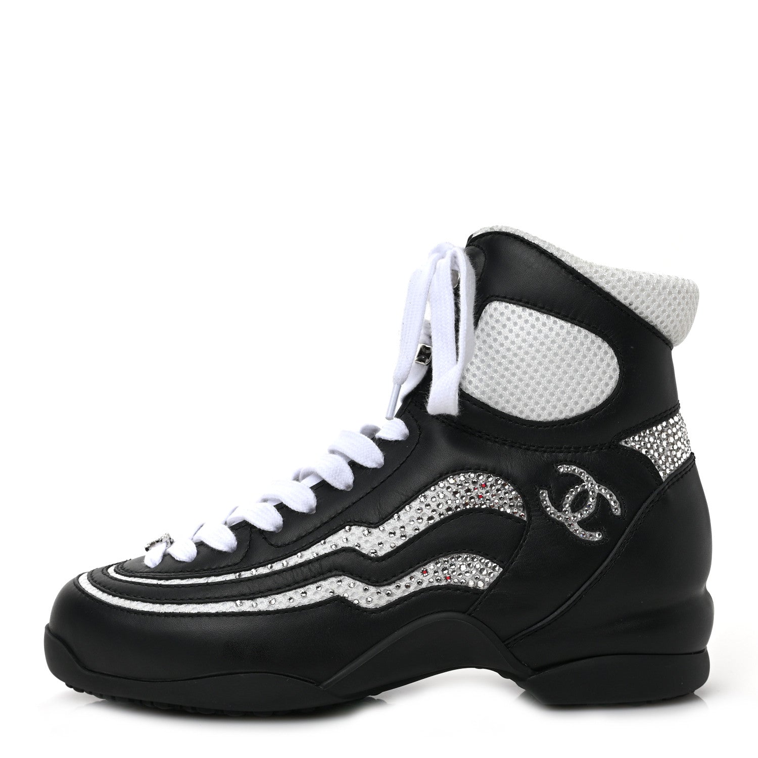 Chanel Fabric Calfskin Strass Womens CC Sneakers 38 Black White Silver 1 of 9