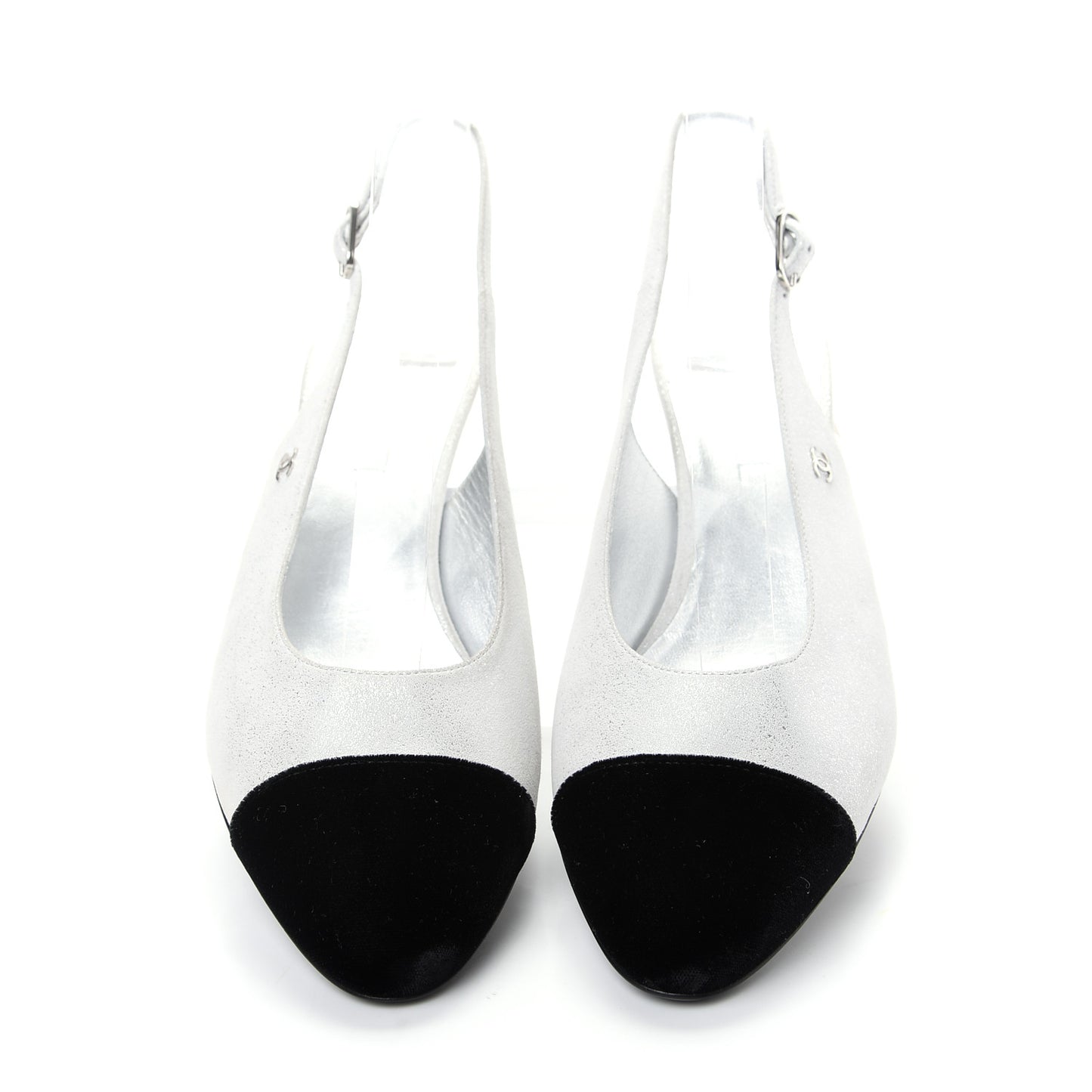 Laminated Goatskin Velvet Cap Toe CC Slingback Sandals 40 Silver Black