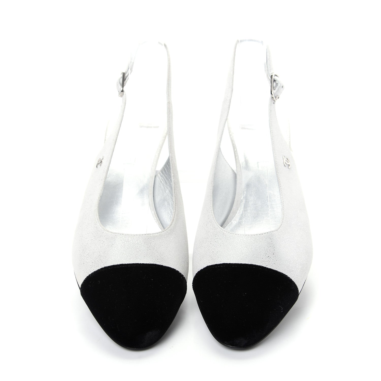 Chanel Laminated Goatskin Velvet Cap Toe CC Slingback Sandals 40 Silver Black 5 of 11
