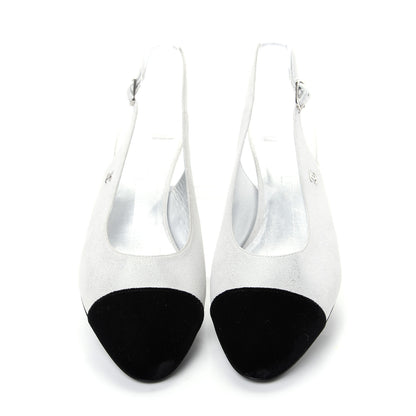 Chanel Laminated Goatskin Velvet Cap Toe CC Slingback Sandals 40 Silver Black 5 of 11