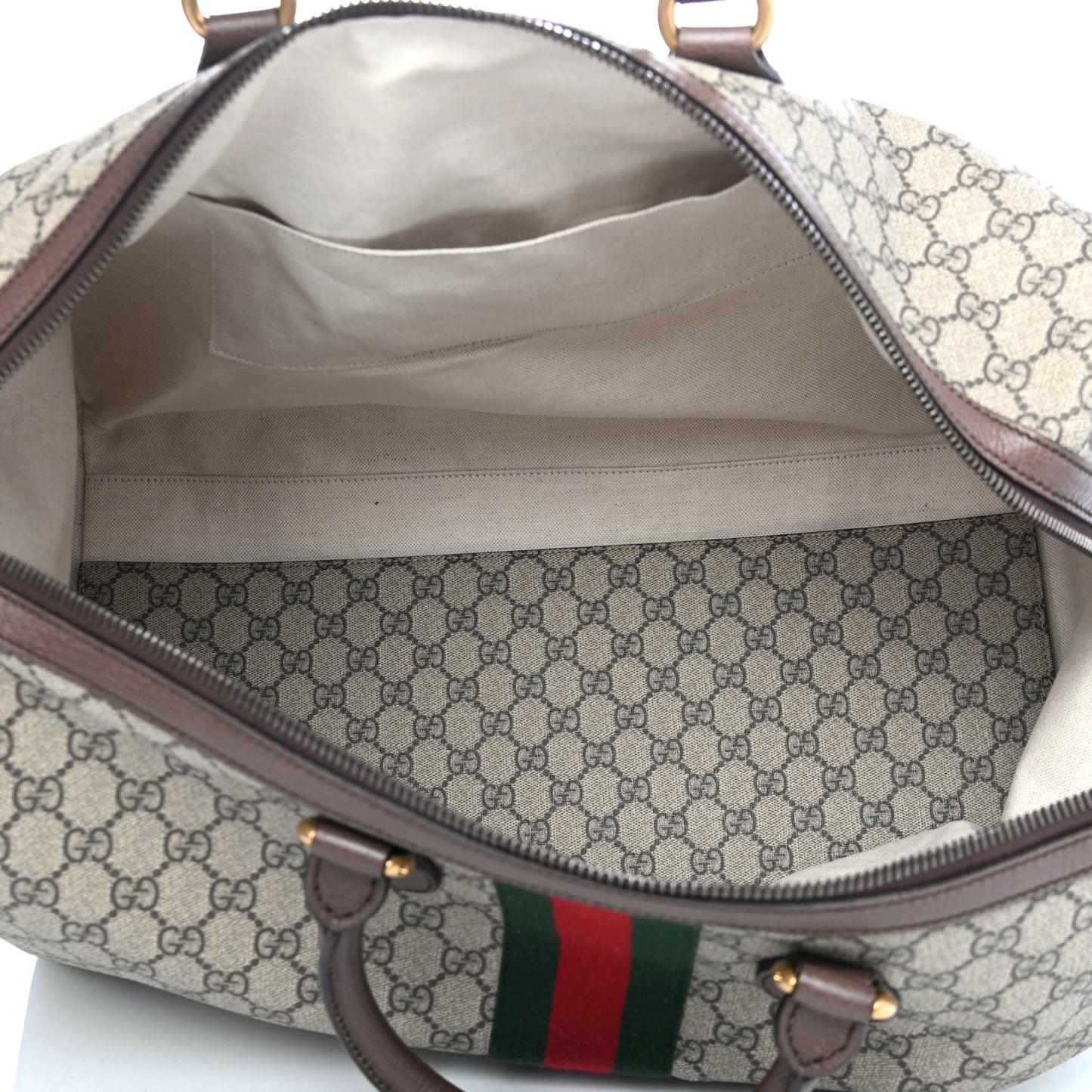 GG Supreme Monogram Textured Dollar Calfskin Web Medium Ophidia Carry-On Duffle Bag Beige Ebony New Acero
