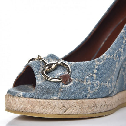 Gucci Denim Monogram Horsebit Open Toe Espadrille Wedges 39.5 Blue 12 of 15
