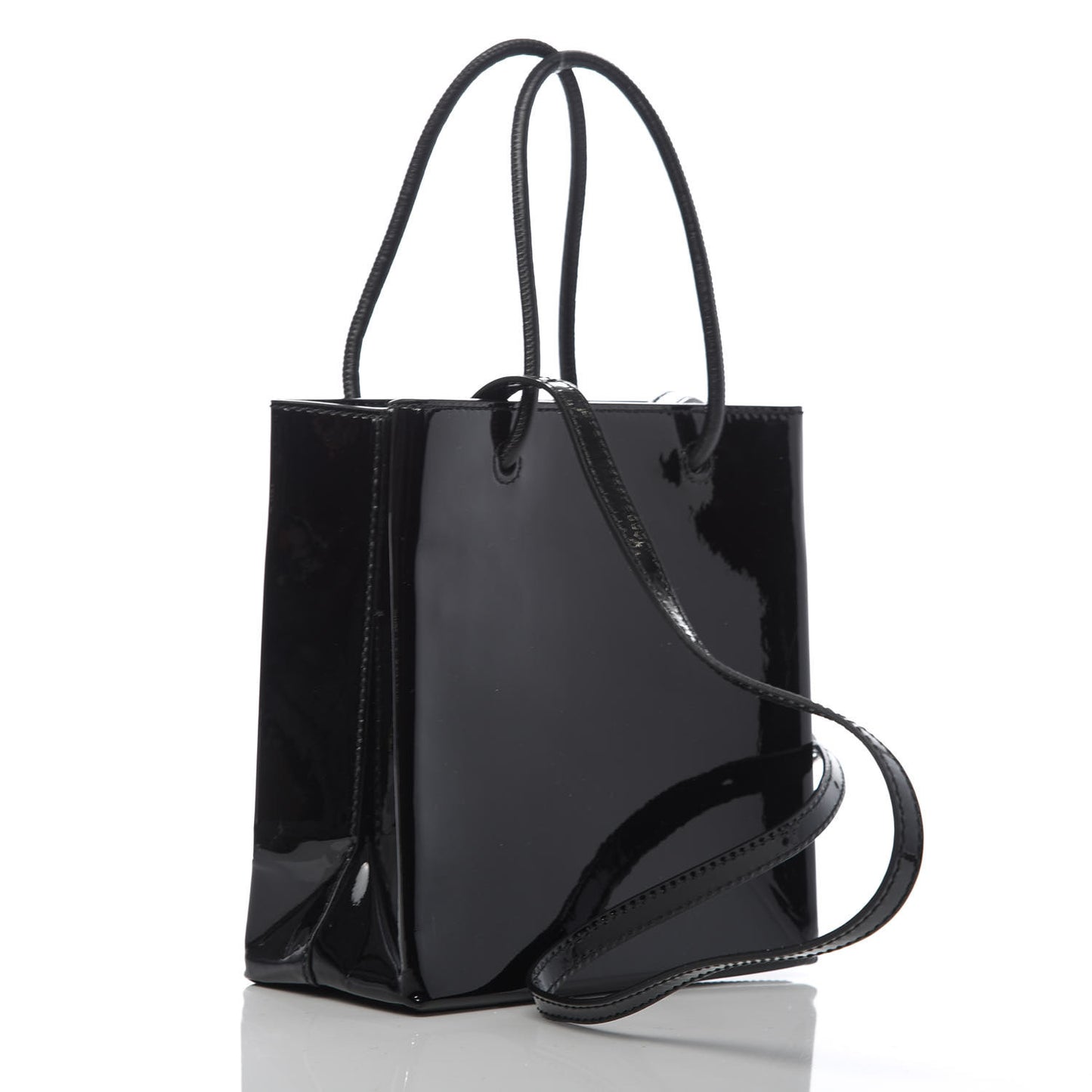 Patent Calfskin Logo Shopping Tote XXS Black