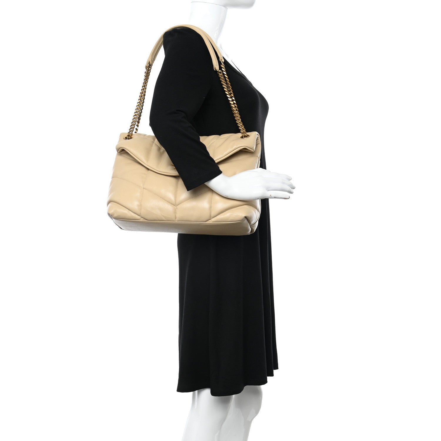 Saint Laurent Lambskin Quilted Medium Loulou Puffer Monogram Chain Satchel Dark Beige 2 of 12