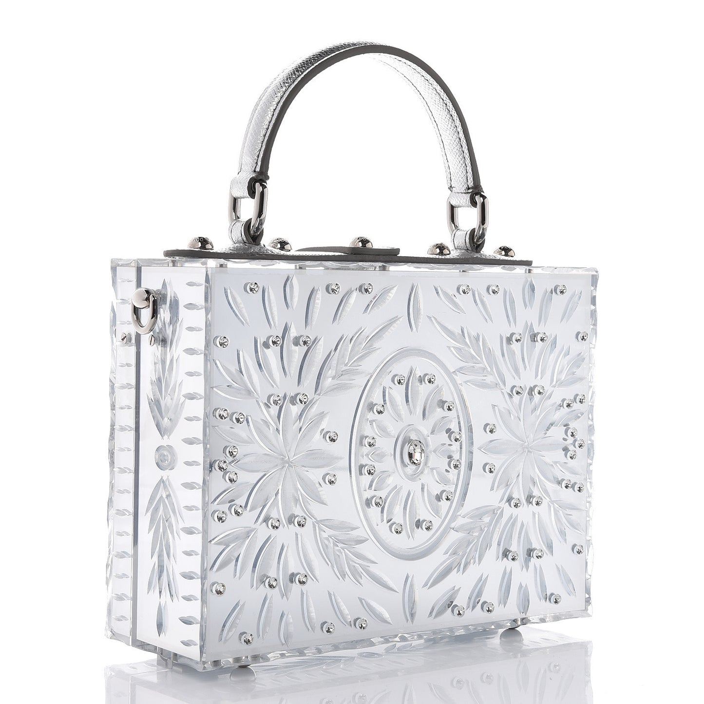 Plexiglass Embellished Metallic Dauphine Box Bag Argento