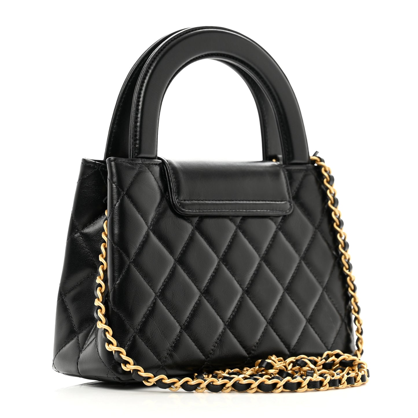 Shiny Aged Calfskin Quilted Nano Kelly Shopper Black
