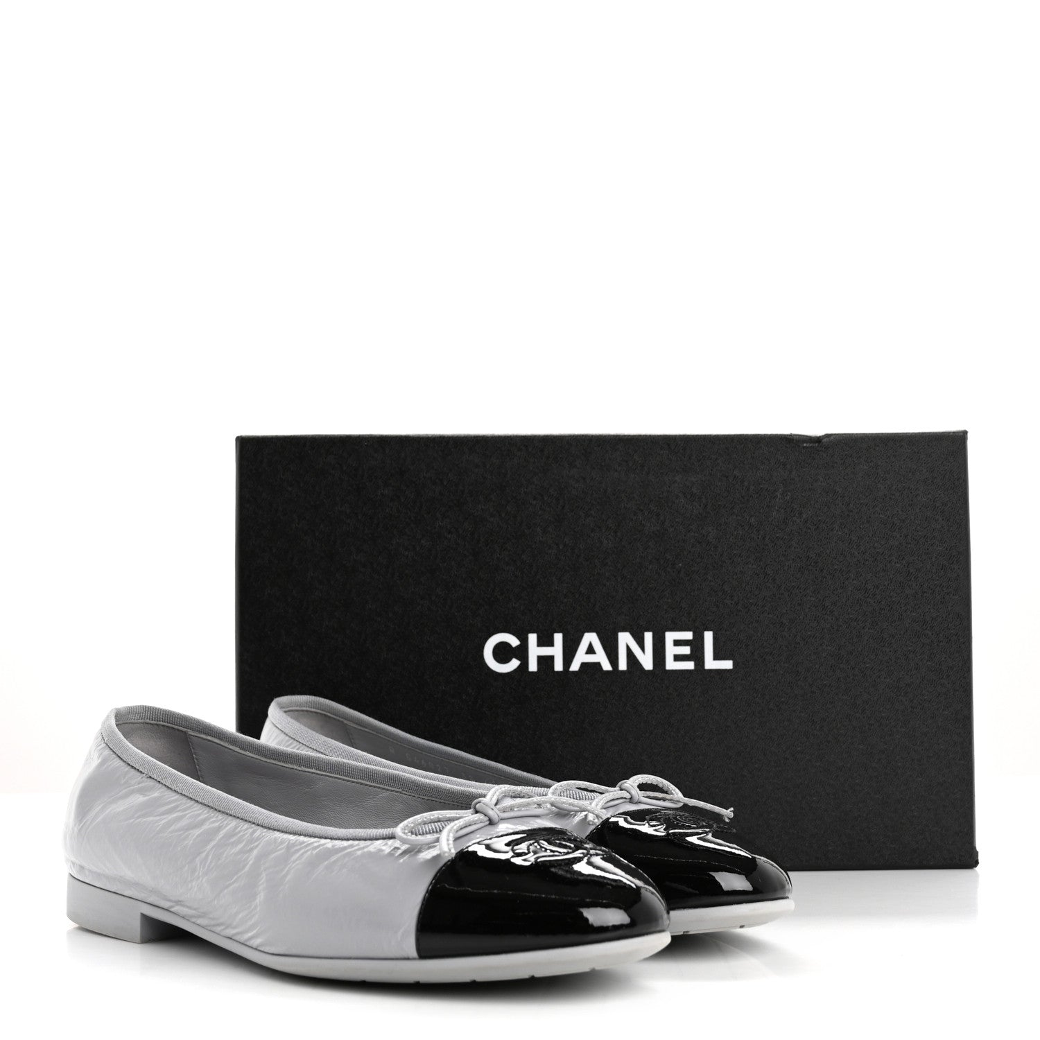 Chanel Shiny Crumpled Calfskin Patent CC Cap Toe Ballerina Flats 39 Grey Black 14 of 14