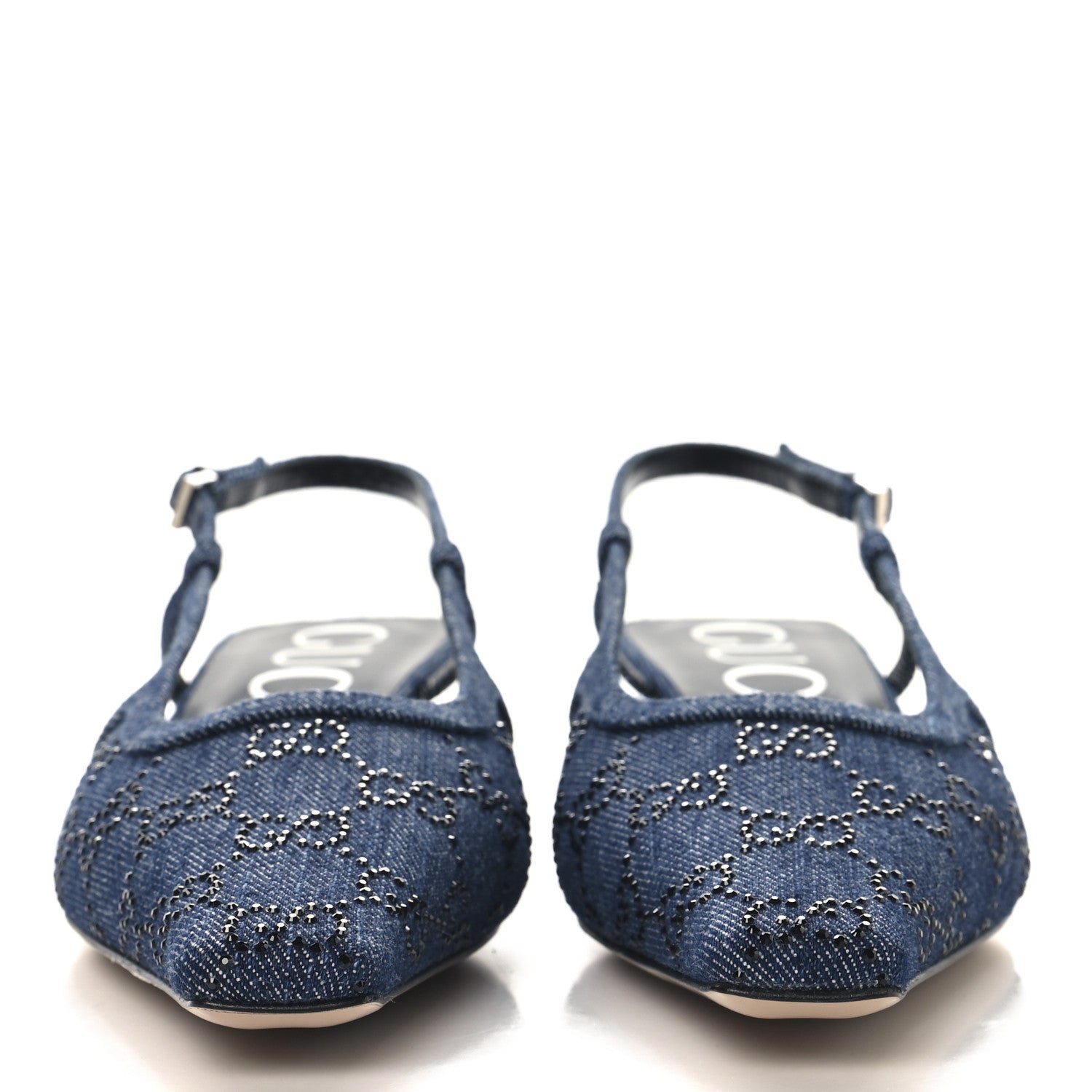Gucci Denim GG Monogram Malaga Kid Crystal Square G 35mm Slingback Pumps 37.5 Blue 3 of 10