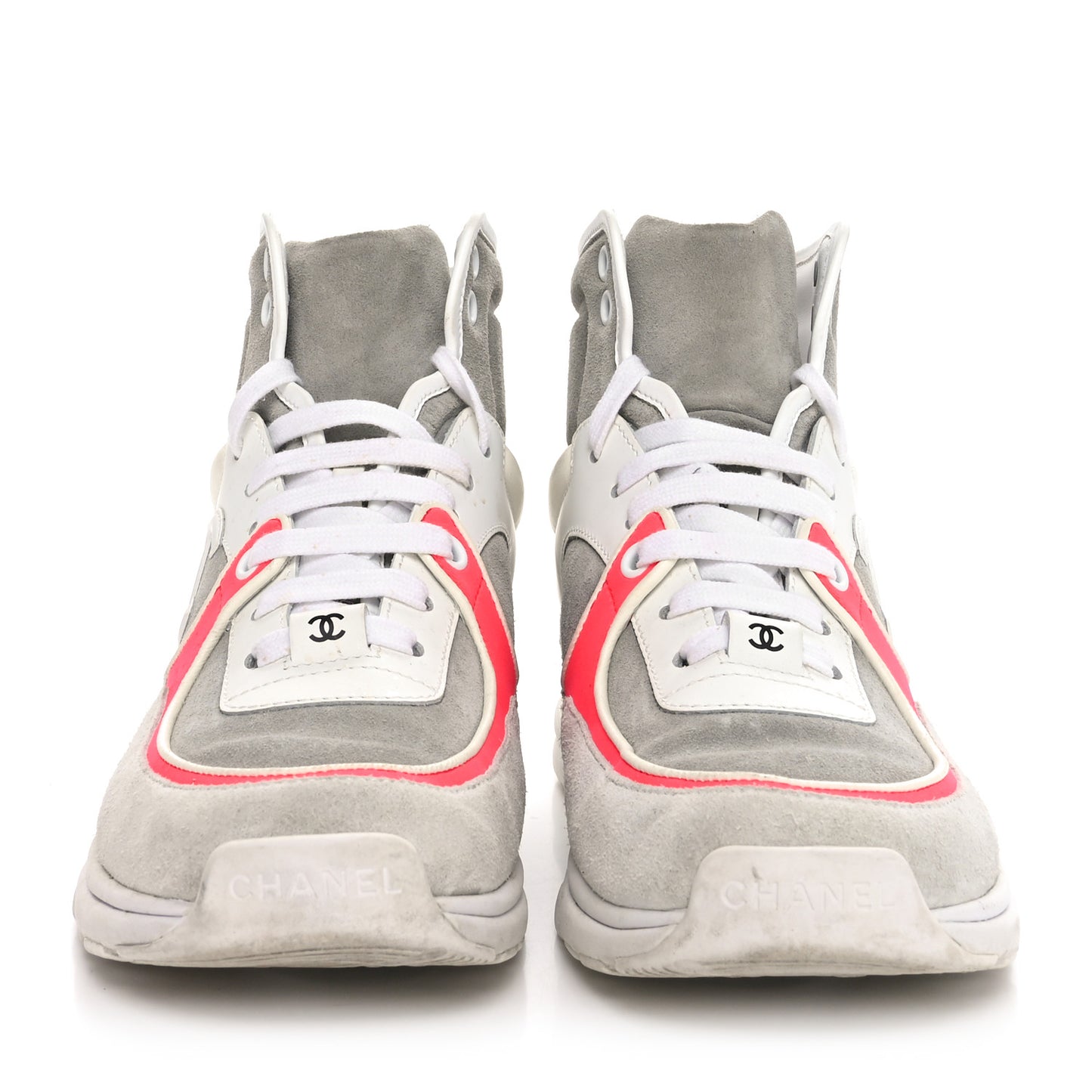 Suede Calfskin Lambskin Neoprene High Top CC Sneakers 37 White Fluo Pink Grey