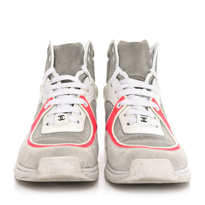 Chanel Suede Calfskin Lambskin Neoprene High Top CC Sneakers 37 White Fluo Pink Grey 3 of 8