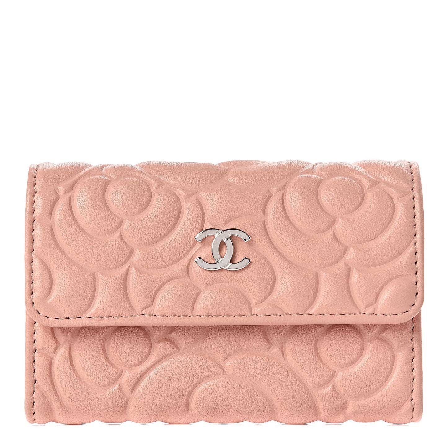 Goatskin Camellia Embossed Card Holder Wallet Light Pink