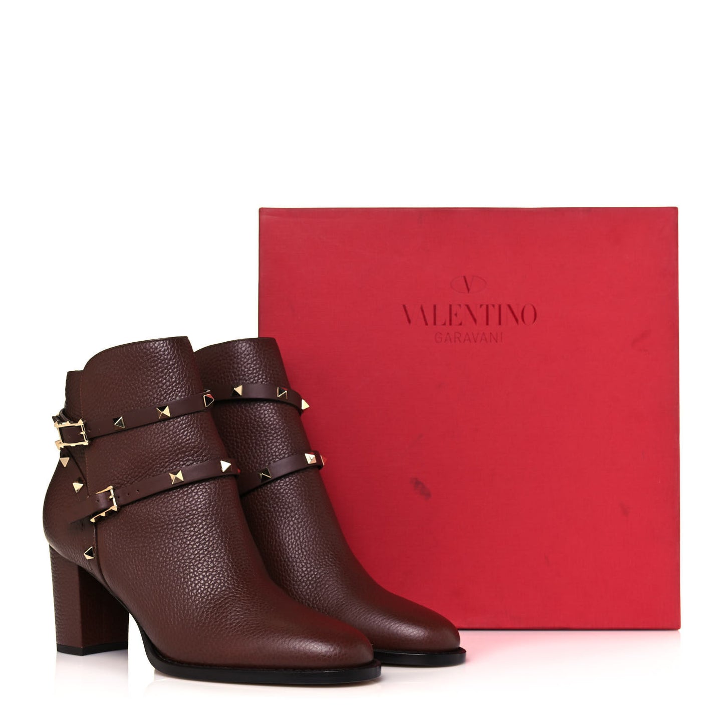 Pebbled Calfskin Rockstud Double Buckle 70mm Block Heel Ankle Boots 41 Rubin