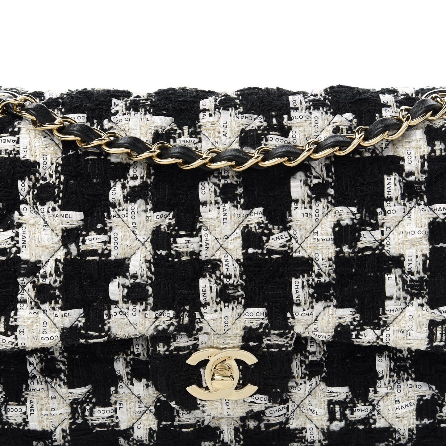 Tweed Quilted Medium Double Flap Black Ecru White