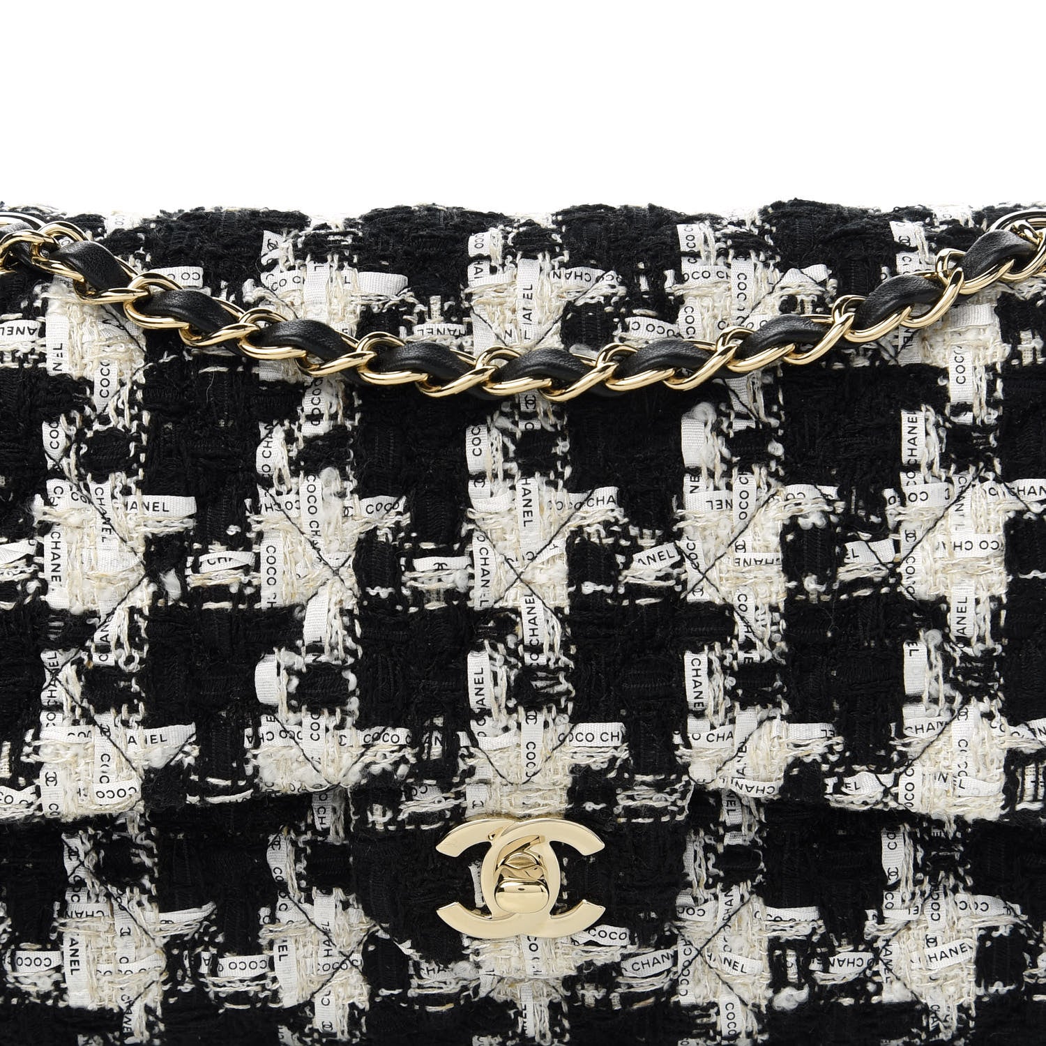 Chanel Tweed Quilted Medium Double Flap Black Ecru White 10 of 11