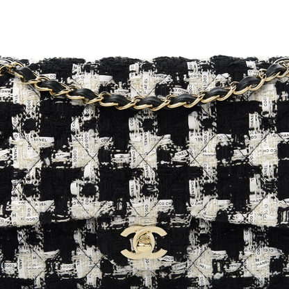 Chanel Tweed Quilted Medium Double Flap Black Ecru White 10 of 11