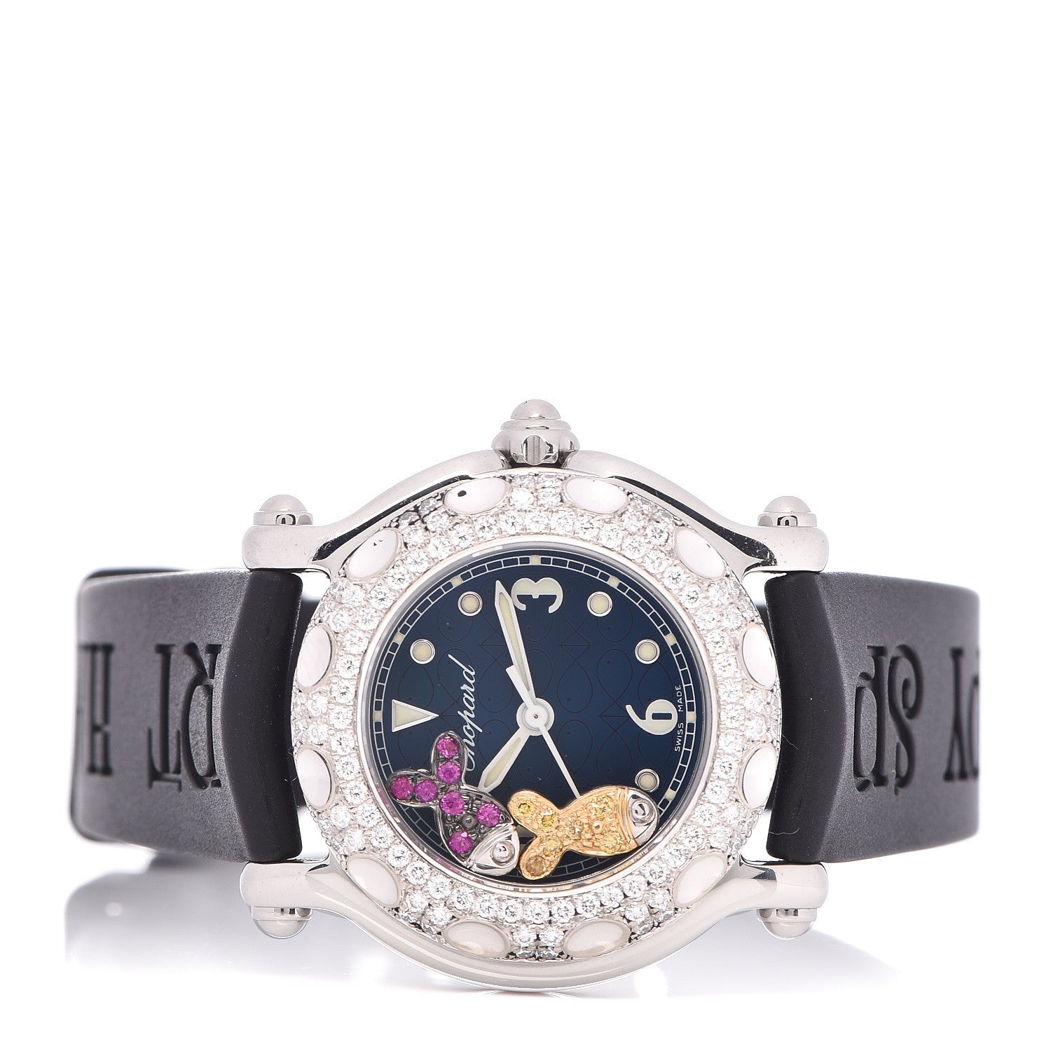 Chopard Stainless Steel Rubber Diamond Bezel Ruby Yellow Sapphire 26mm Happy Sport Fish Quartz Watch Blue 3 of 5