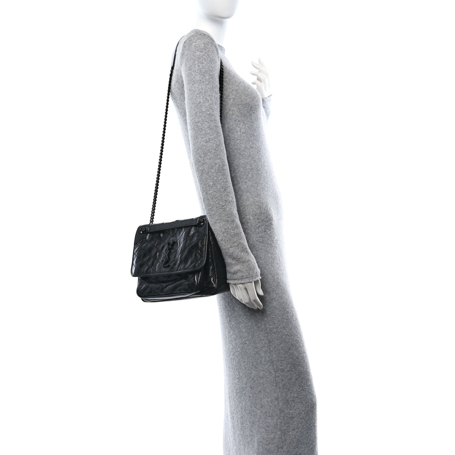 Saint Laurent Crinkled Calfskin Matelasse Monogram Medium Niki Chain Satchel Black 3 of 10