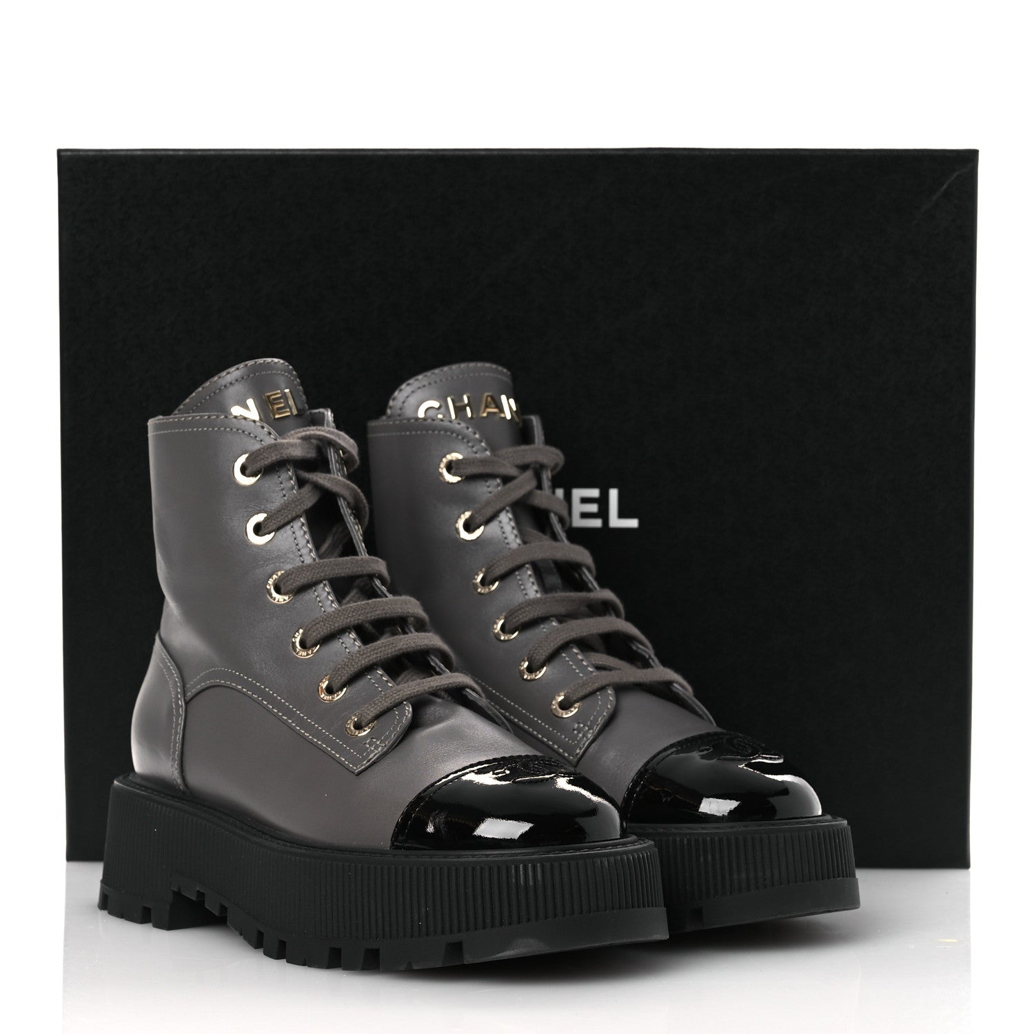 Chanel Calfskin Patent Calfskin CC Lace Up Combat Boots 36.5 Gray Black 11 of 11