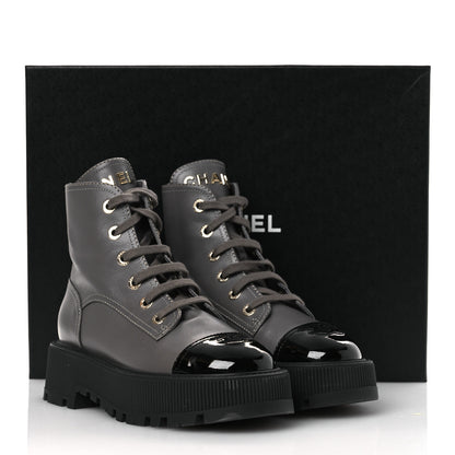 Chanel Calfskin Patent Calfskin CC Lace Up Combat Boots 36.5 Gray Black 11 of 11