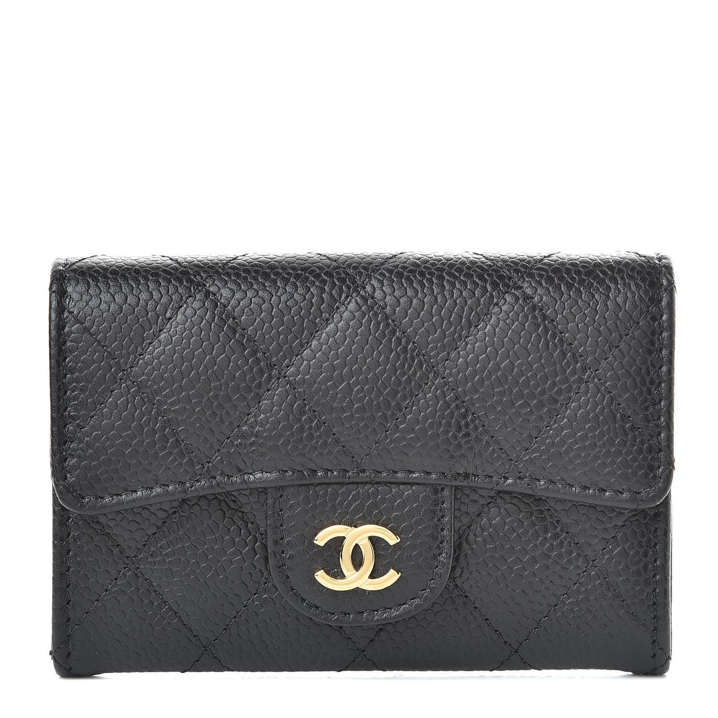 Caviar Quilted Flap Card Holder Wallet Black