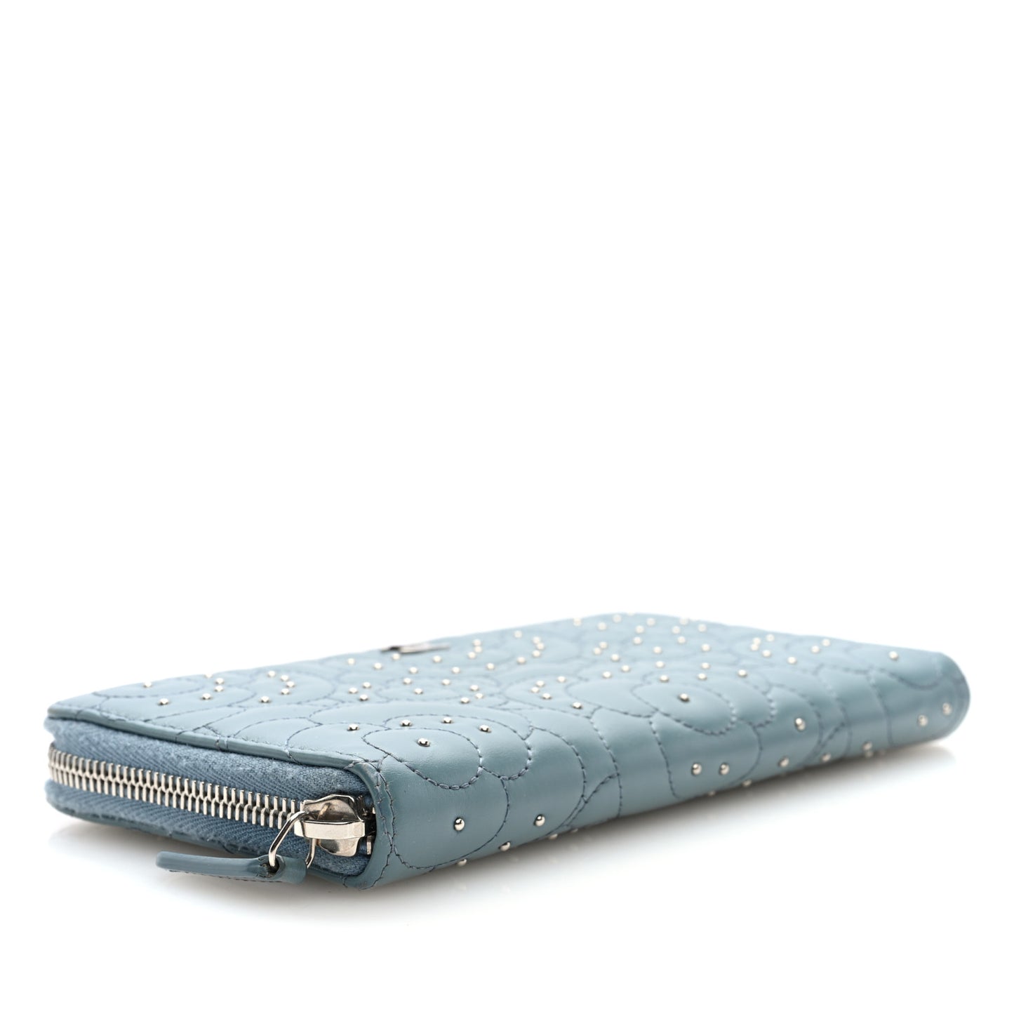 Lambskin Camellia Studded Medium Gusset Zip Around Wallet Light Blue