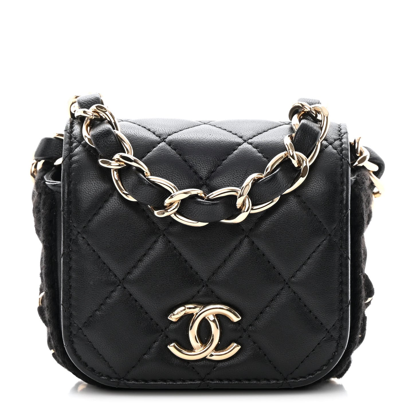 Calfskin Crochet Embroidered Quilted Mini Clutch with Chain Black