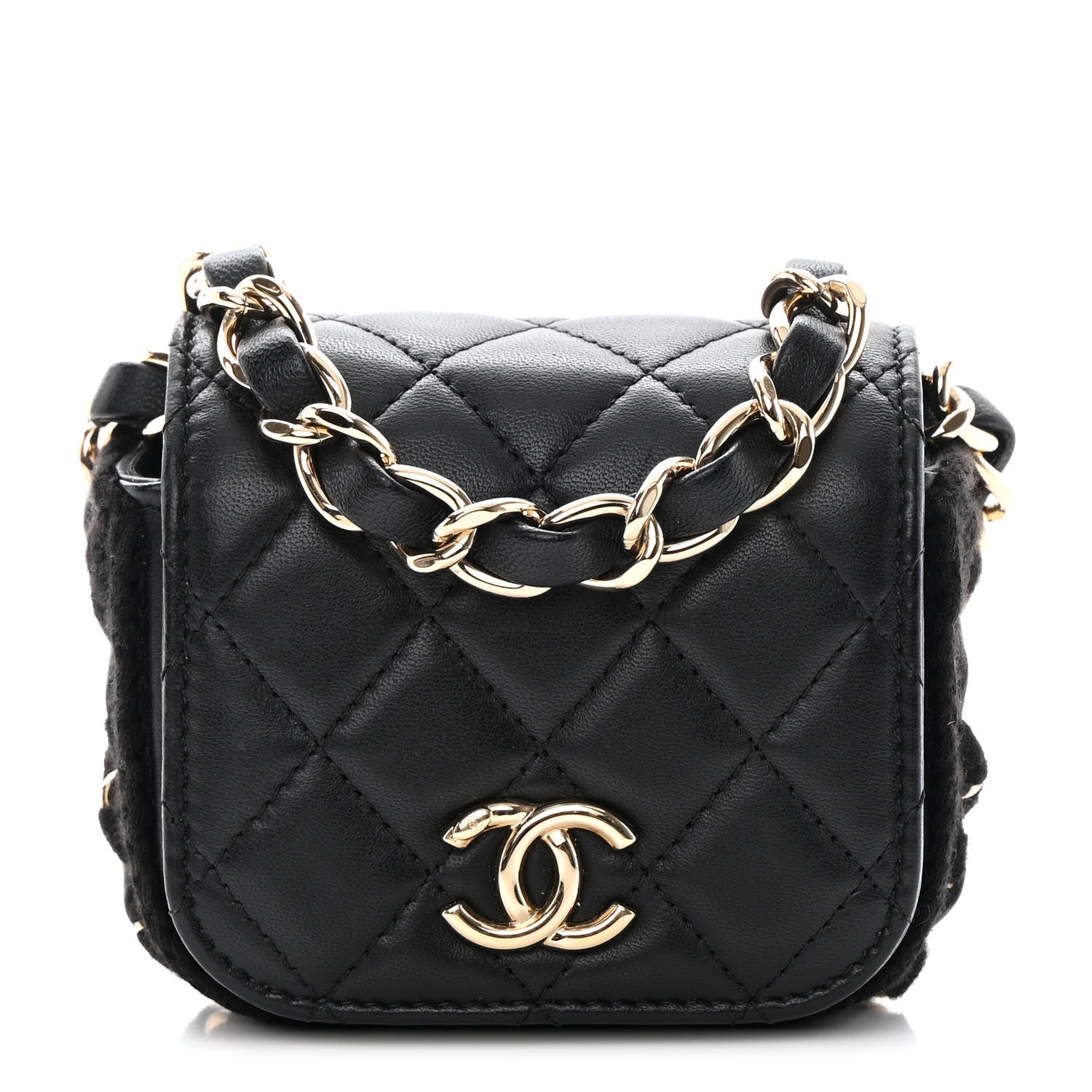 Chanel Calfskin Crochet Embroidered Quilted Mini Clutch with Chain Black 1 of 18