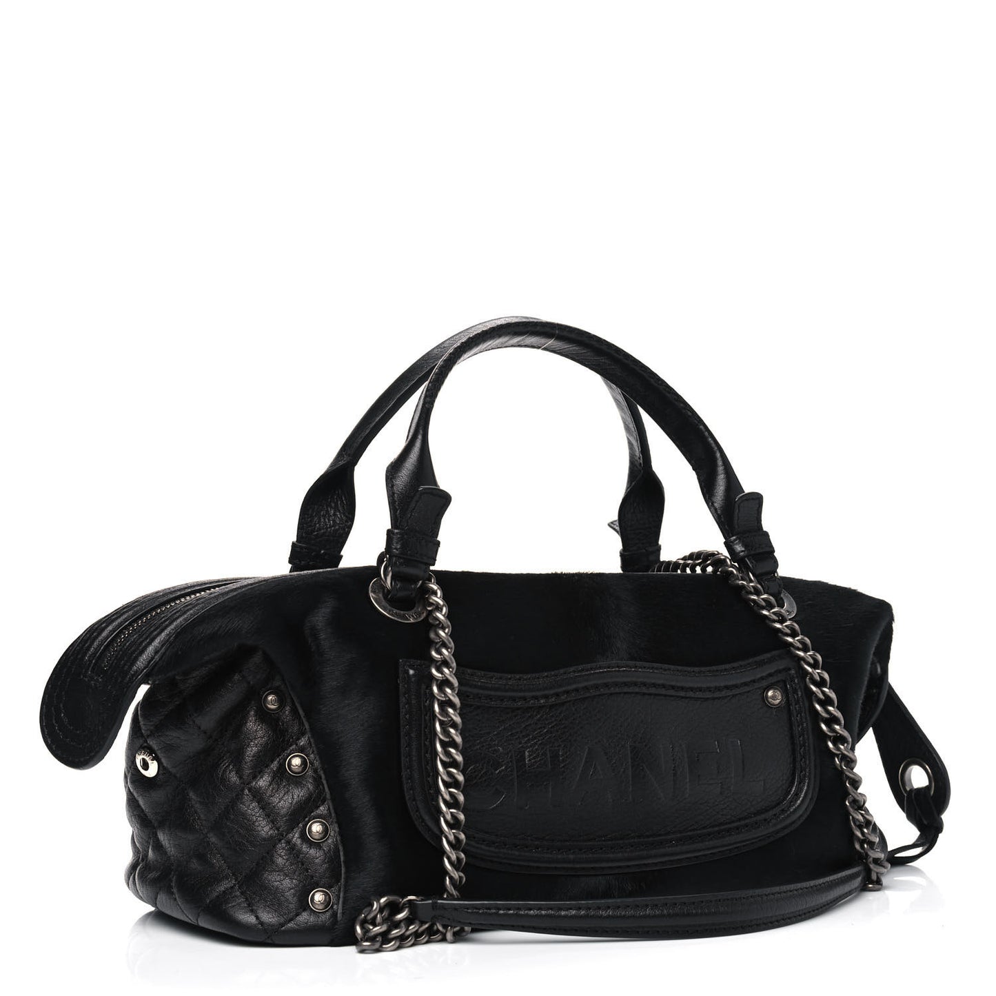 Calfskin Pony Hair Fringe Bowling Bag Black