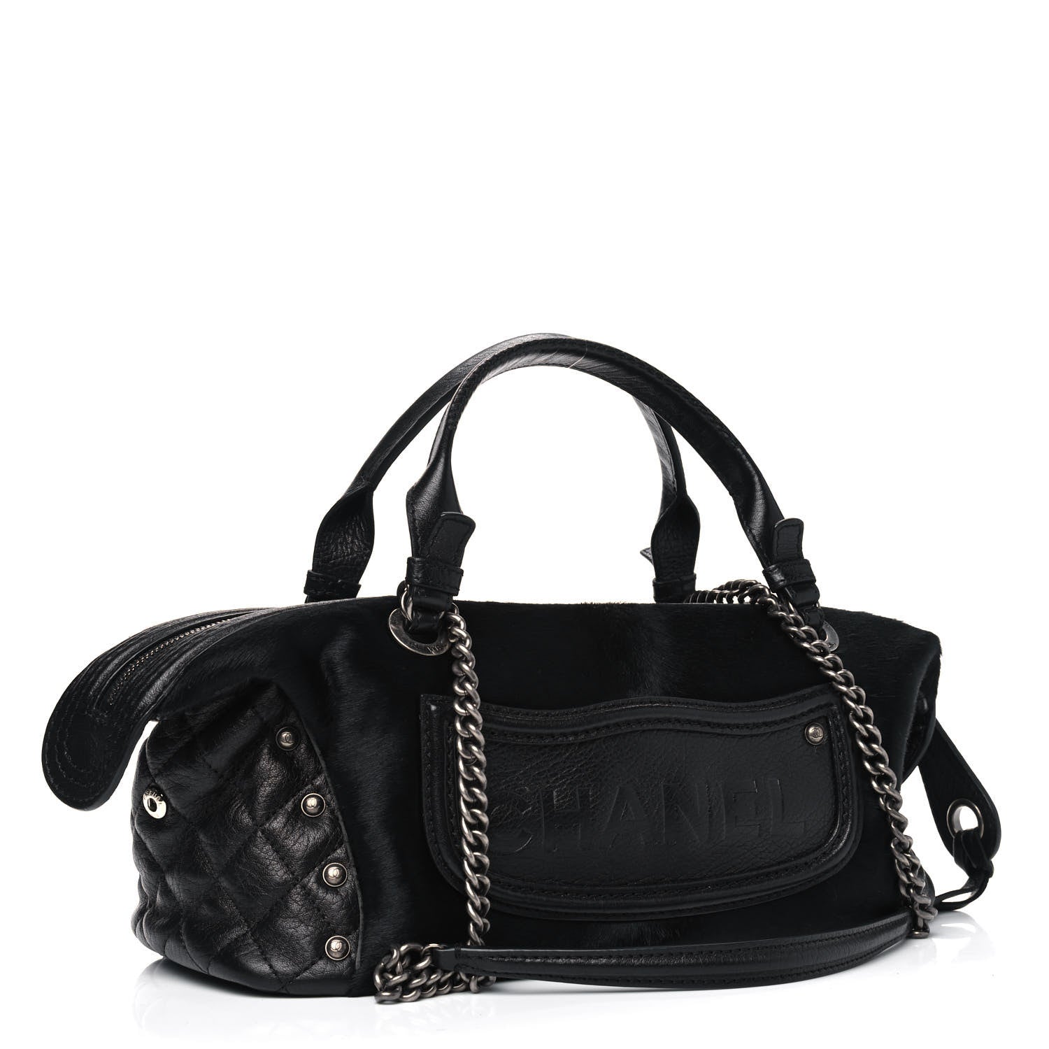 Chanel Calfskin Pony Hair Fringe Bowling Bag Black 2 of 4