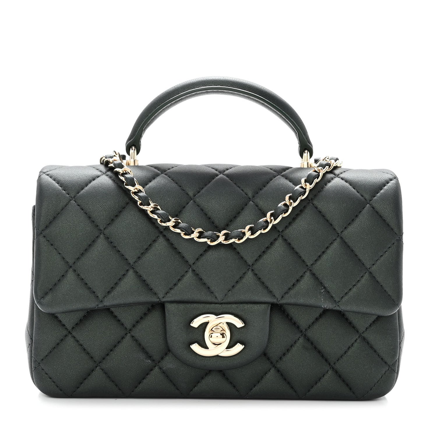 Iridescent Lambskin Quilted Mini Top Handle Rectangular Flap Dark Green
