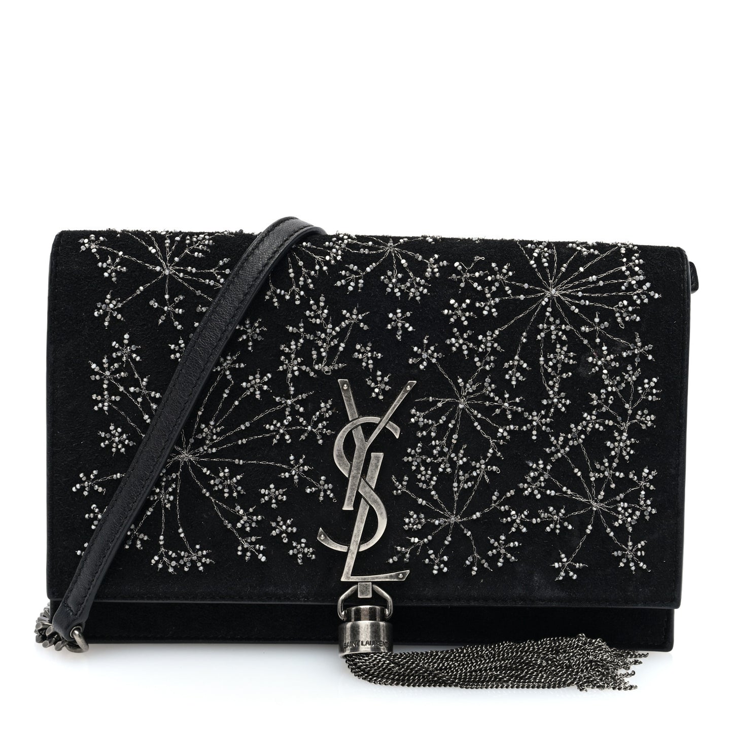 Suede Bead Embellished Classic Monogram Kate Tassel Chain Wallet Black
