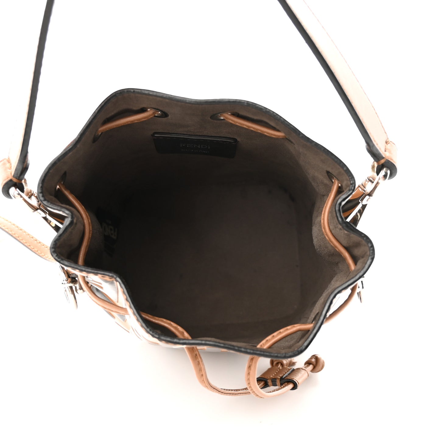 Vitello Liberty F is Fendi Bi-Color FF 1974 Embossed Mini Mon Tresor Bucket Bag Tobaco Orzo