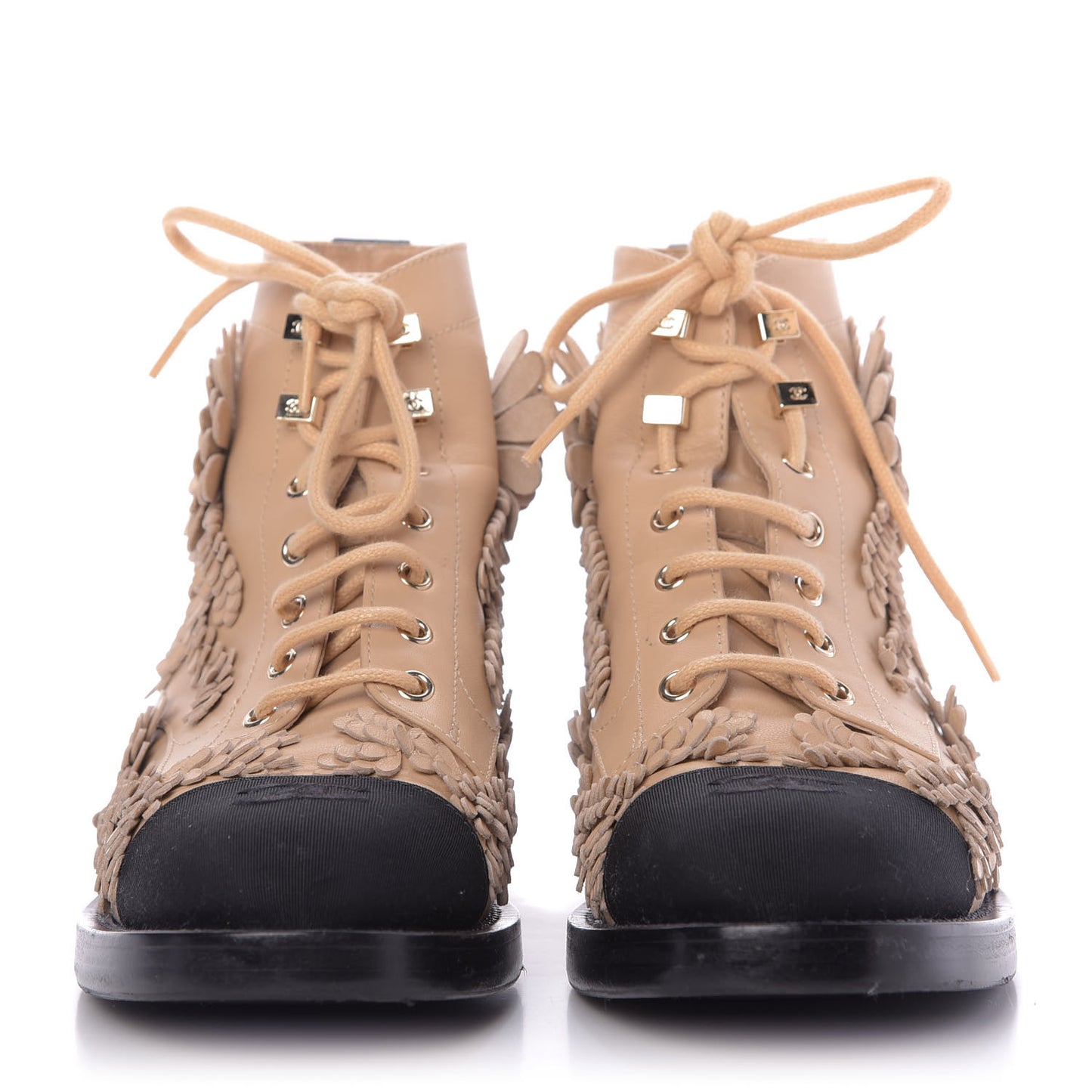 Embroidered Lambskin Grosgrain Lace Up Boots 38.5 Beige Black
