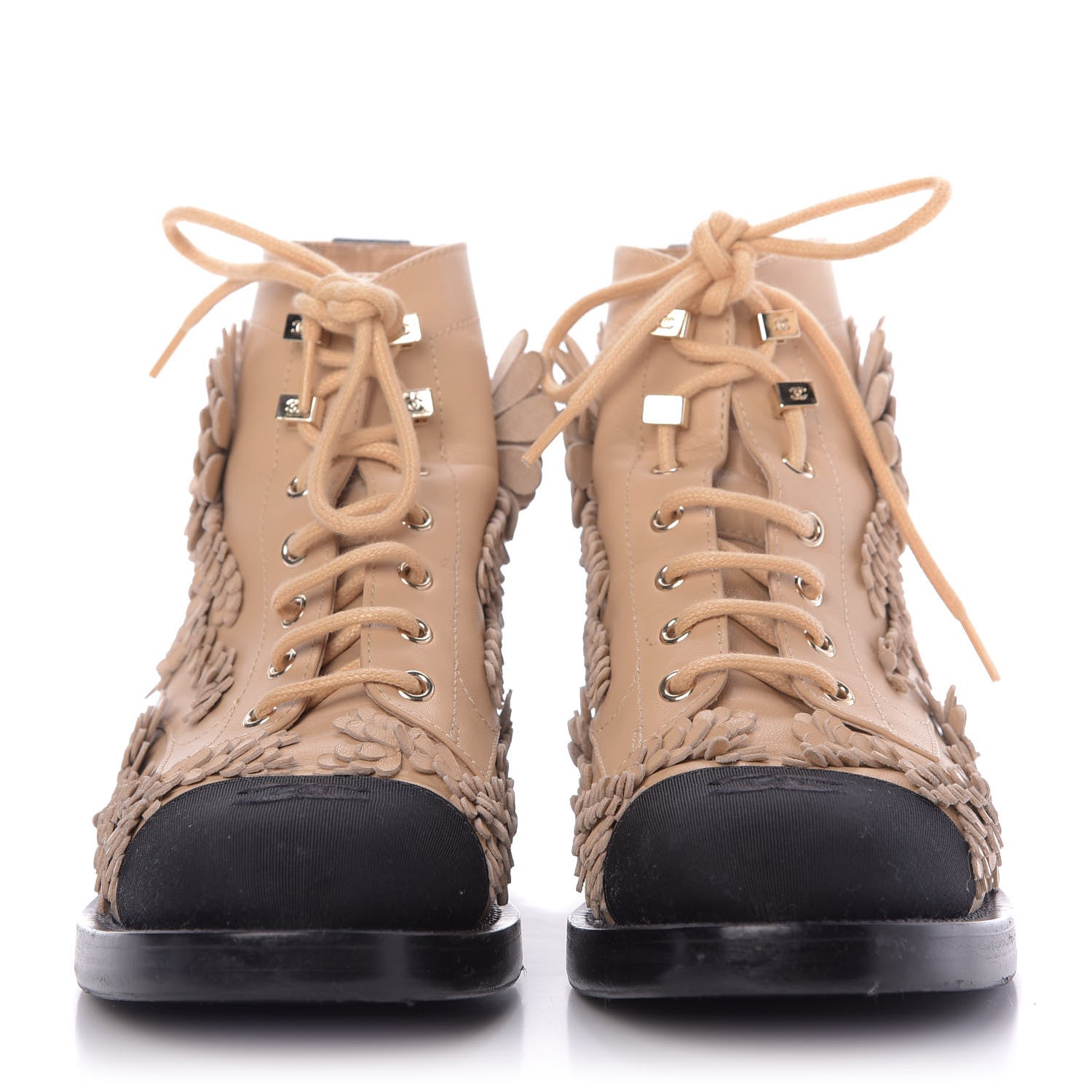 Chanel Embroidered Lambskin Grosgrain Lace Up Boots 38.5 Beige Black 3 of 11