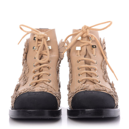 Chanel Embroidered Lambskin Grosgrain Lace Up Boots 38.5 Beige Black 3 of 11